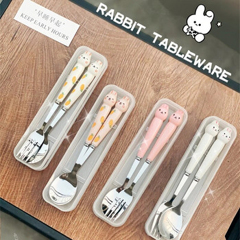 Μαχαιροπήρουνα Cartoon Rabbit Spoon Fork Chopsticks Σετ Φορητά μεσημεριανά επιτραπέζια σκεύη από ανοξείδωτο ατσάλι Ταξιδιωτικά σερβίτσια Προμήθειες κουζίνας