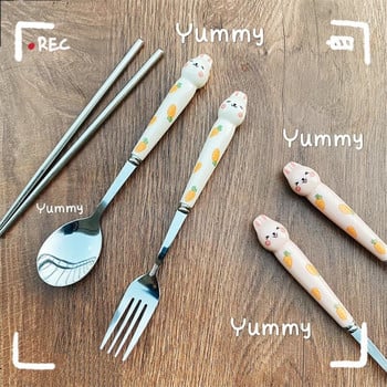 Μαχαιροπήρουνα Cartoon Rabbit Spoon Fork Chopsticks Σετ Φορητά μεσημεριανά επιτραπέζια σκεύη από ανοξείδωτο ατσάλι Ταξιδιωτικά σερβίτσια Προμήθειες κουζίνας