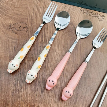 Μαχαιροπήρουνα Cartoon Rabbit Spoon Fork Chopsticks Σετ Φορητά μεσημεριανά επιτραπέζια σκεύη από ανοξείδωτο ατσάλι Ταξιδιωτικά σερβίτσια Προμήθειες κουζίνας