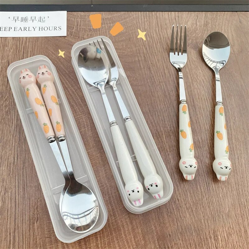 Stalo įrankiai Animacinio filmo triušio šaukšto šakutės lazdelės Nešiojami pietų stalo reikmenys nerūdijančio plieno Kelioniniai indai virtuvės reikmenys