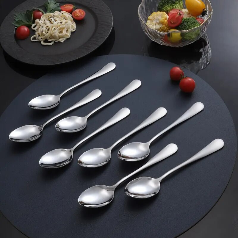 12 gab., Nerūsējošā tērauda kafijas tējkarotes vakariņu karotes komplekts saldējums sundie augļu karotes trauki instrumenti galda piederumu komplekts