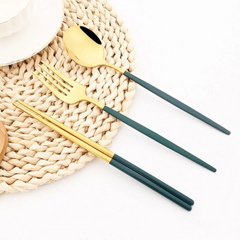 12-16 τμχ Chopsticks Μαχαίρι Πιρούνι Κουτάλια Σετ μαχαιροπήρουνων Πράσινο χρυσό Σετ σερβίτσιο πολυτελείας από ανοξείδωτο ατσάλι Κορεάτικα επιτραπέζια σκεύη