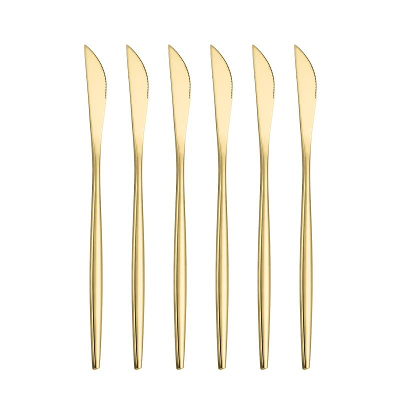 6-daļīgi galda piederumi zelta galda piederumu karotes komplekts no nerūsējošā tērauda Rietumu vakariņu nazis augļu dakšiņas tējkarote zelta galda piederumu trauku komplekts