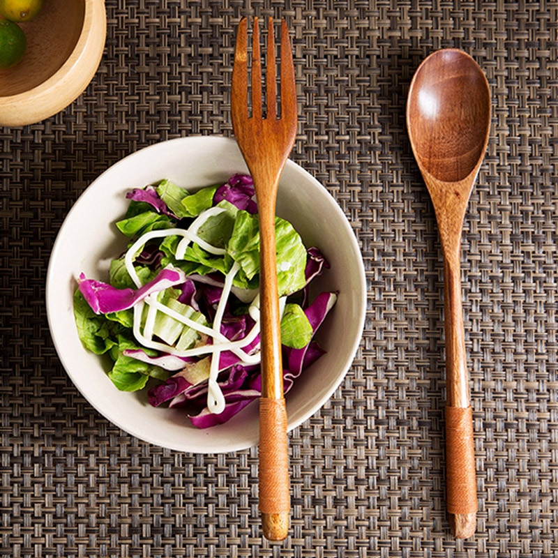 2Gb Koka karotes dakšiņas trauku komplekts Garš koka karotes un dakšiņas komplekts Deserta zupas karotes Ēdamdakša Pārnēsājami galda piederumi galda piederumi