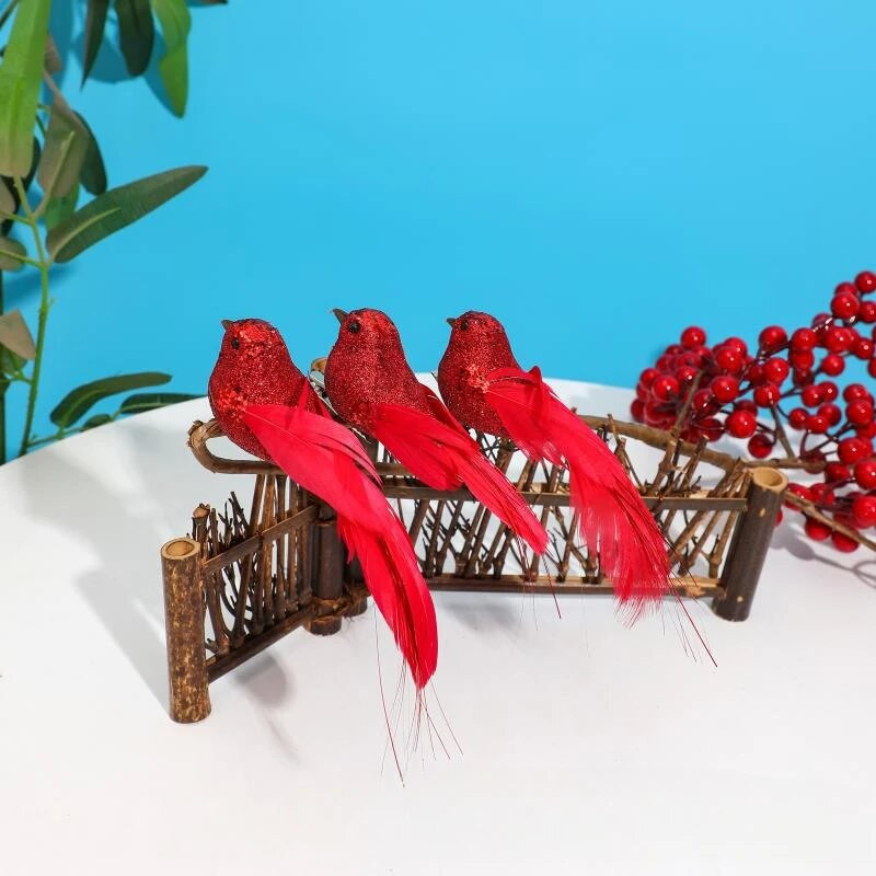 3gab Ziemassvētku simulācijas putni mirdzoši spalvu putnu figūriņas Ziemassvētku koka dekorēšanas klipsis spalvu putnu rotājumi mājas aksesuāri