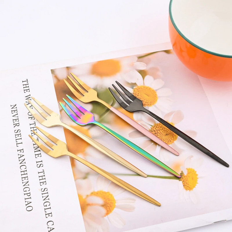 Nerūsējošā tērauda tējas dakšiņu komplekts 6 daļiņu augļu kūkas uzkodu deserta dakšiņas varavīksnes mazie salātu galda piederumi virtuves piederumi