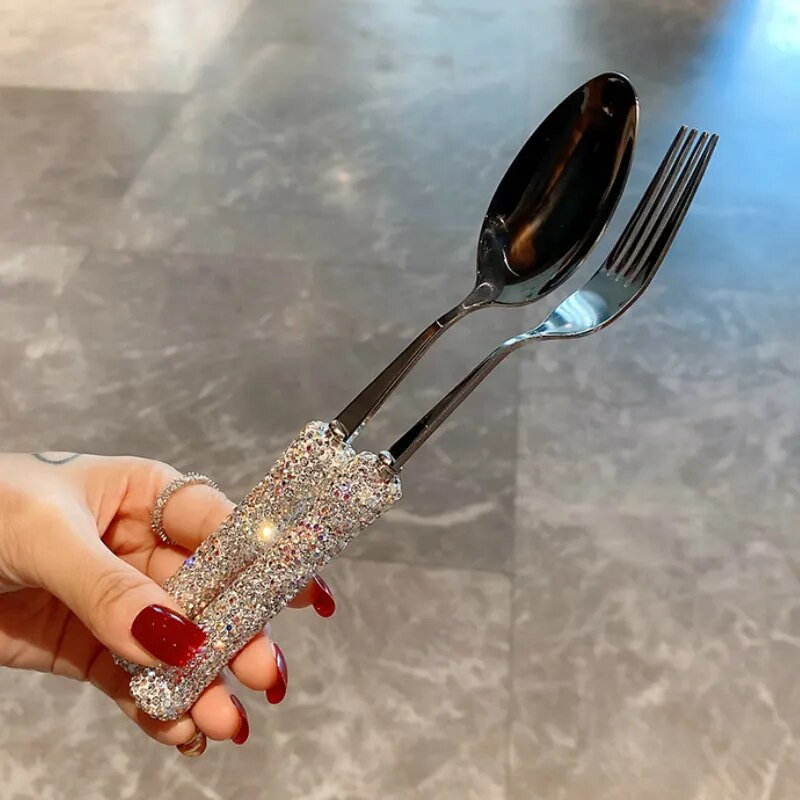 Dzirkstošais dimanta karotes un dakšiņu komplekts 304 Nerūsējošā tērauda dakšiņas Videi draudzīgs galda piederumu komplekts galda piederumu trauku komplekts trauki