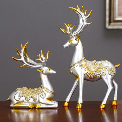 2Gb Ziemassvētku ziemeļbriežu figūriņas Ziemeļvalstu stilā, mazas, sveķu, stāvošas briežu statujas mājas biroja dekorēšanai, sintētiskie sveķi