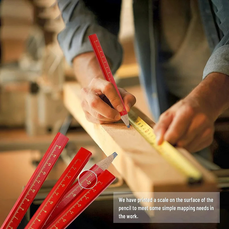 10 vnt. Medienos apdirbimo pieštukai, skirti ženklinimo darbuotojams, skirta plokščia galvute, medinis juodas aštuonkampis raudonas kvadratas, piešimo linijos