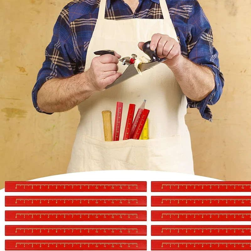 10 vnt. Medienos apdirbimo pieštukai, skirti ženklinimo darbuotojams, skirta plokščia galvute, medinis juodas aštuonkampis raudonas kvadratas, piešimo linijos