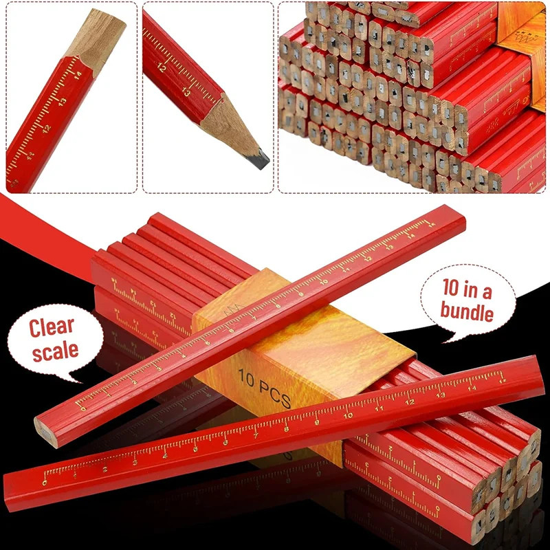 10 vnt. Medienos apdirbimo pieštukai, skirti ženklinimo darbuotojams, skirta plokščia galvute, medinis juodas aštuonkampis raudonas kvadratas, piešimo linijos