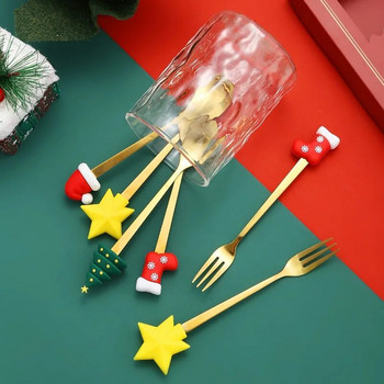 Коледен набор от десертна лъжица и вилица от неръждаема стомана Креативна анимационна кукла Лъжица за кафе Подарък Лъжица Вилица за плодове