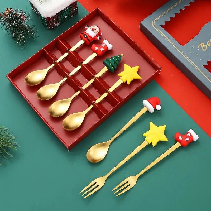 Ziemassvētku nerūsējošā tērauda deserta karotes un dakšiņu komplekts Radošs multfilmas lelles kafijas karotes dāvanu karotes augļu dakšiņa