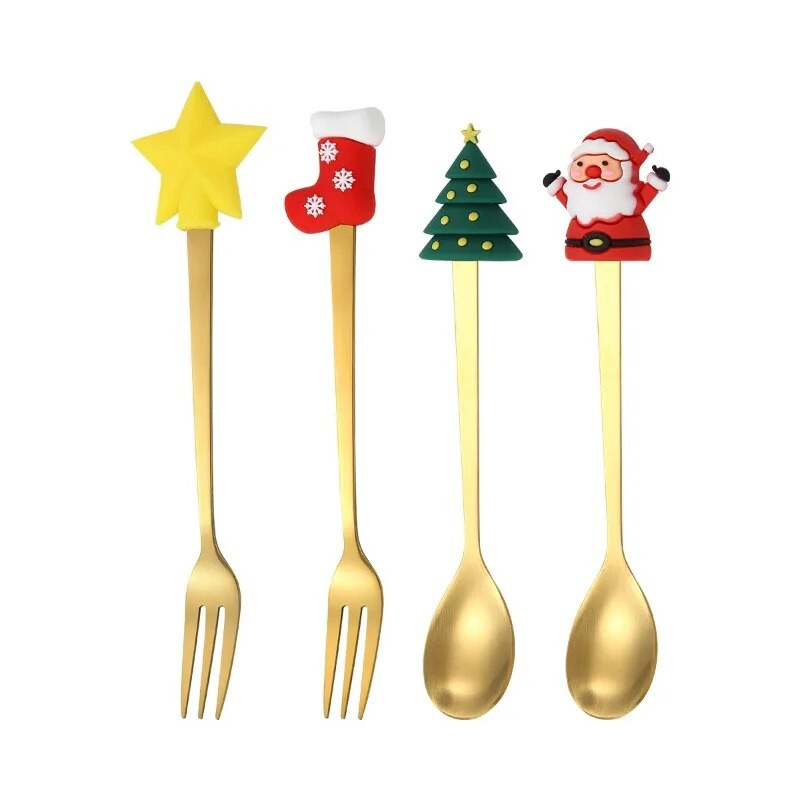 Ziemassvētku nerūsējošā tērauda deserta karotes un dakšiņu komplekts Radošs multfilmas lelles kafijas karotes dāvanu karotes augļu dakšiņa