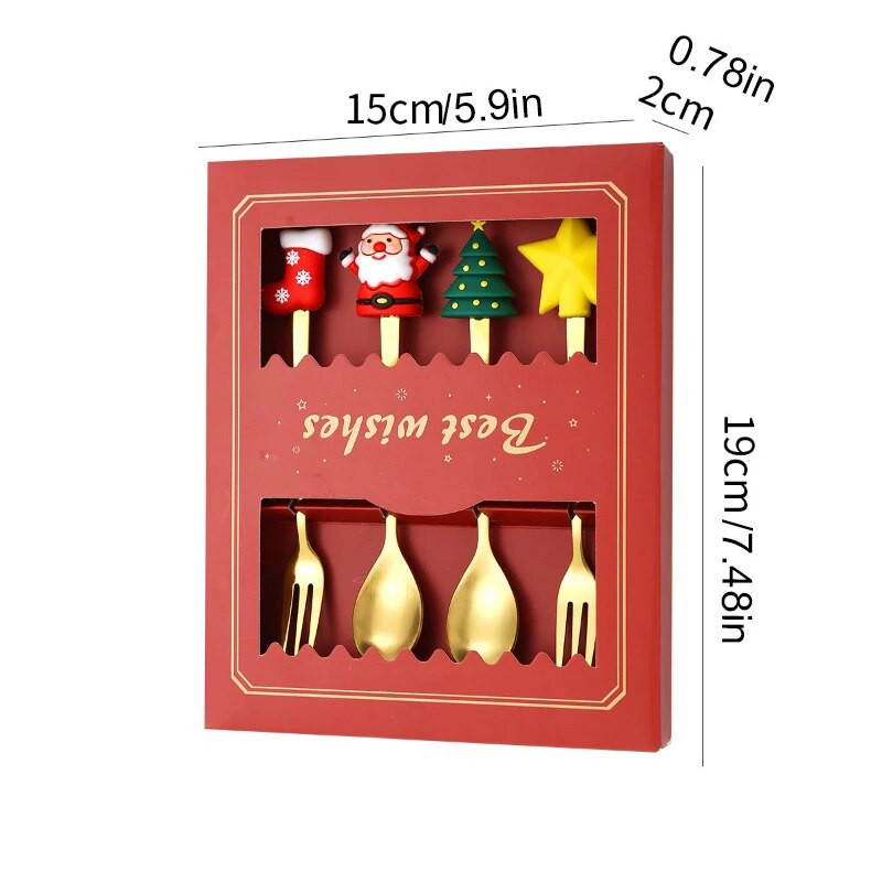 Ziemassvētku nerūsējošā tērauda deserta karotes un dakšiņu komplekts Radošs multfilmas lelles kafijas karotes dāvanu karotes augļu dakšiņa