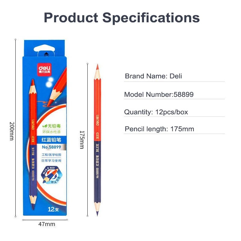 Deli Red Blue Pencil HB Dual Color Pencil for Kid's Adult Design Σχέδιο Industrial Engineering Marking Ξύλινο μολύβι χαρτικά