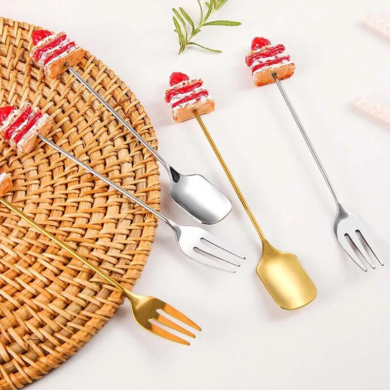 Χαριτωμένο κέικ από ανοξείδωτο ατσάλι χρυσό ασημένιο επιδόρπιο κουτάλι πιρούνι καφέ παγωτό καραμέλα μαχαιροπήρουνα κουζίνας Βρεφικά παιδικά σερβίτσια