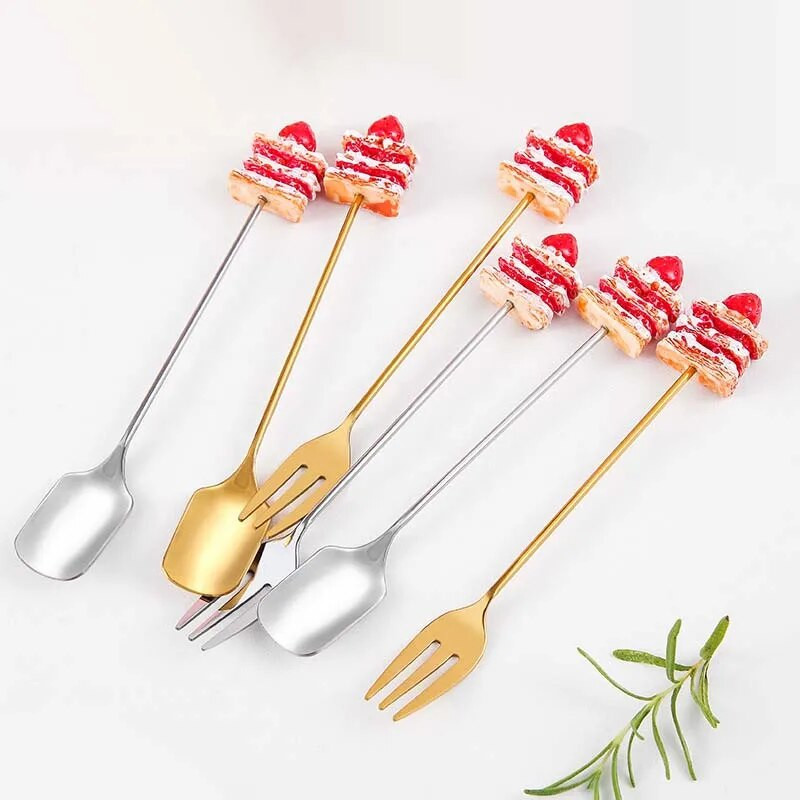 Χαριτωμένο κέικ από ανοξείδωτο ατσάλι χρυσό ασημένιο επιδόρπιο κουτάλι πιρούνι καφέ παγωτό καραμέλα μαχαιροπήρουνα κουζίνας Βρεφικά παιδικά σερβίτσια