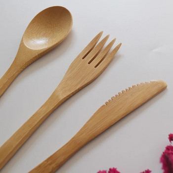 3 бр./компл. дървен комплект прибори за хранене Бамбукова вилица нож супа чаена лъжичка комплект прибори за хранене с платнена торбичка кухненски инструменти за готвене съд