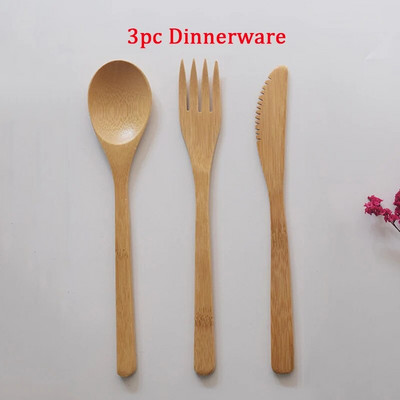 3Gb/komplekts Koka trauku komplekts Bambusa dakša Nazis zupa tējkarote Ēdināšanas galda piederumu komplekts ar auduma maisiņu Virtuves gatavošanas rīki trauks