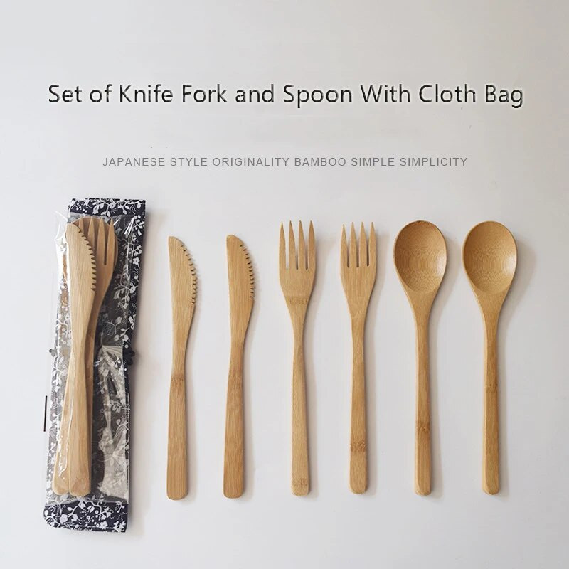 3Gb/komplekts Koka trauku komplekts Bambusa dakša Nazis zupa tējkarote Ēdināšanas galda piederumu komplekts ar auduma maisiņu Virtuves gatavošanas rīki trauks