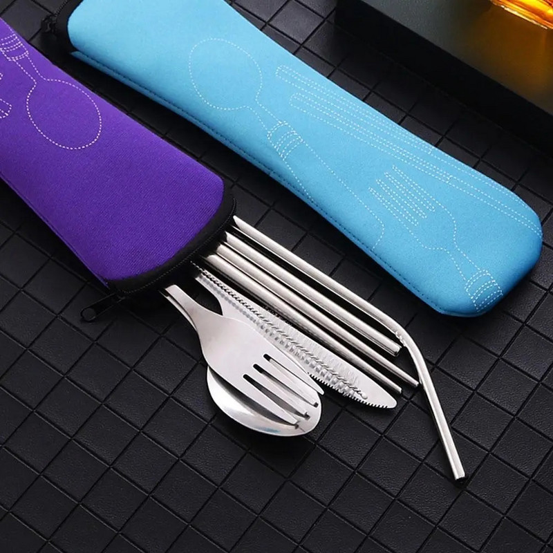 1 komplekts tērauda salmu galda piederumu komplekts Galda piederumi, dakša, karote un irbulīši, pārnēsājams galda piederumu komplekts