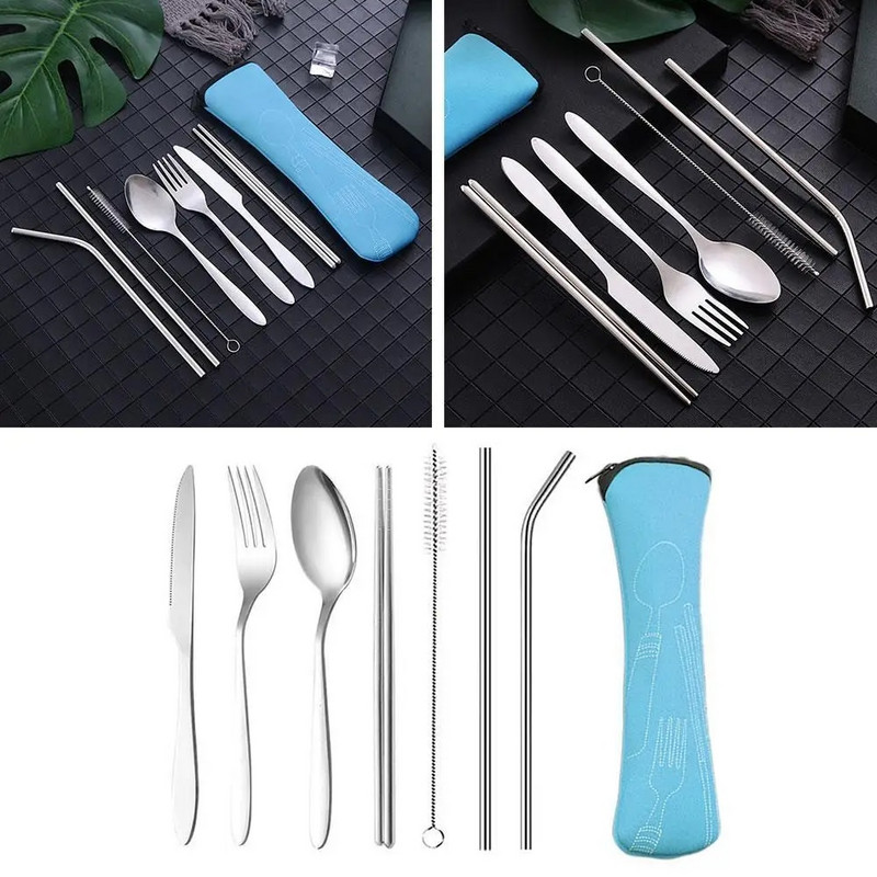 1 komplekts tērauda salmu galda piederumu komplekts Galda piederumi, dakša, karote un irbulīši, pārnēsājams galda piederumu komplekts