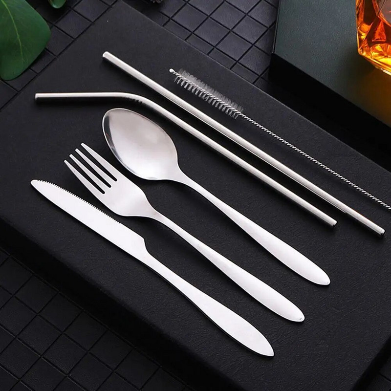 1 komplekts tērauda salmu galda piederumu komplekts Galda piederumi, dakša, karote un irbulīši, pārnēsājams galda piederumu komplekts