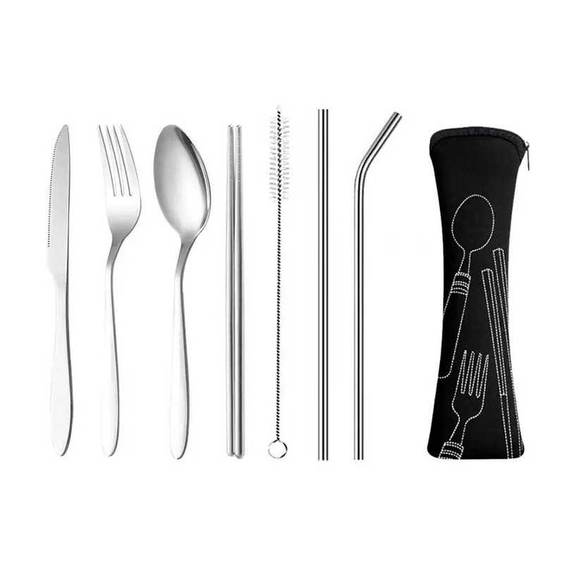 1 komplekts tērauda salmu galda piederumu komplekts Galda piederumi, dakša, karote un irbulīši, pārnēsājams galda piederumu komplekts