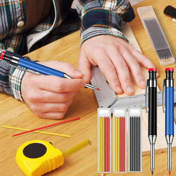Комплект метални масивни дърводелски моливи за маркер за дълбоки дупки с пълнители за маркиране Инструмент за маркиране Дървообработващи механични моливи с дълбоки дупки