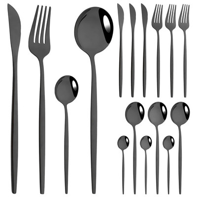 16Gb Melnā zelta trauku komplekts Naži Dakšiņas Tējas karotes Galda piederumu komplekts Nerūsējošā tērauda Sudraba trauki Galda piederumi Rietumu virtuves galda piederumi