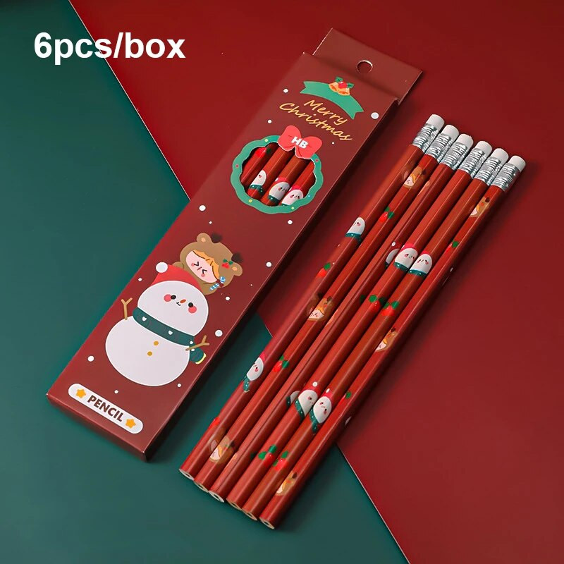 6 gab Karikatūras Ziemassvētku zīmulis Koka zīmēšanas rakstīšanas zīmulis bērniem Ziemassvētku ballītei Ziemassvētku dāvanas Balvas Labumu pildvielas