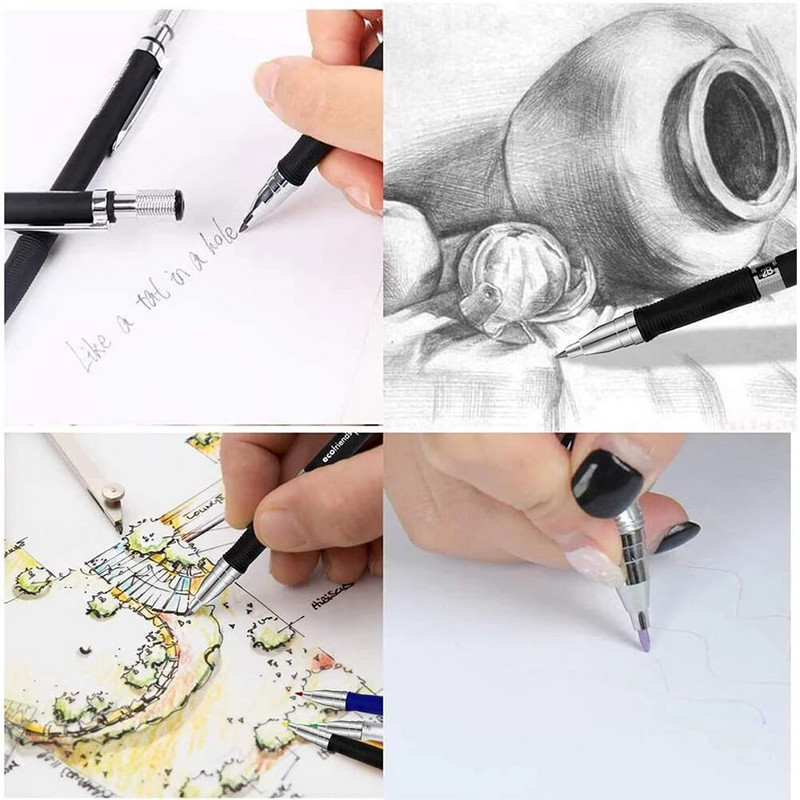 EZONE 10 DB 2 mm-es mechanikus ceruzakészlet Rajzceruza művészeti rajzíráshoz vázlatkészítéshez 72 utántöltővel, fekete szín