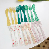 1 rinkinys prancūziško stiliaus Retro languotas desertinis šaukštas ir šakutė plastikinis arbatos kavos maišymo šaukštas Vintage gėrimų stalo indai Gėlės arbatiniai šaukšteliai