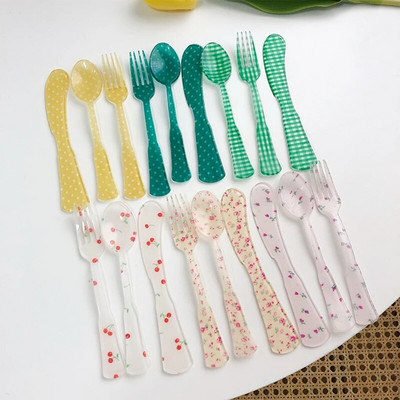 1 komplekts franču stila retro rūtains deserta karote un dakšiņa plastmasas tējas kafijas maisīšanas karote senlaicīgu dzērienu galda piederumi, ziedi tējkarotes