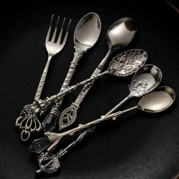 Съдебна посуда в европейски стил, 6 комплекта кралски стил, метална издълбана вилица за плодове, реколта, лъжица за кафе, десертна маса, декоративна лъжица