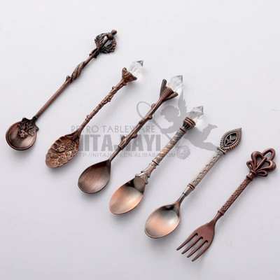 Eiropas stila galma trauki 6 komplekti karaliskā stila metāla cirsts augļu dakša vintage kafijas karote deserta galds dekoratīvā karote