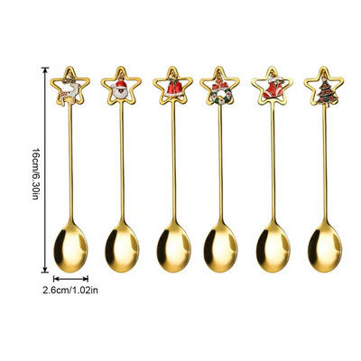 6gab/komplekts Ziemassvētku karotes Ziemassvētku nerūsējošā tērauda pārnēsājams ceļojumu galda trauks Ziemassvētku eglīte Ziemassvētku vecīša zupa maisīšanas deserta karotes