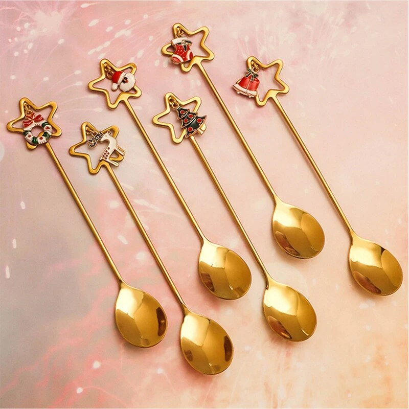 6gab/komplekts Ziemassvētku karotes Ziemassvētku nerūsējošā tērauda pārnēsājams ceļojumu galda trauks Ziemassvētku eglīte Ziemassvētku vecīša zupa maisīšanas deserta karotes