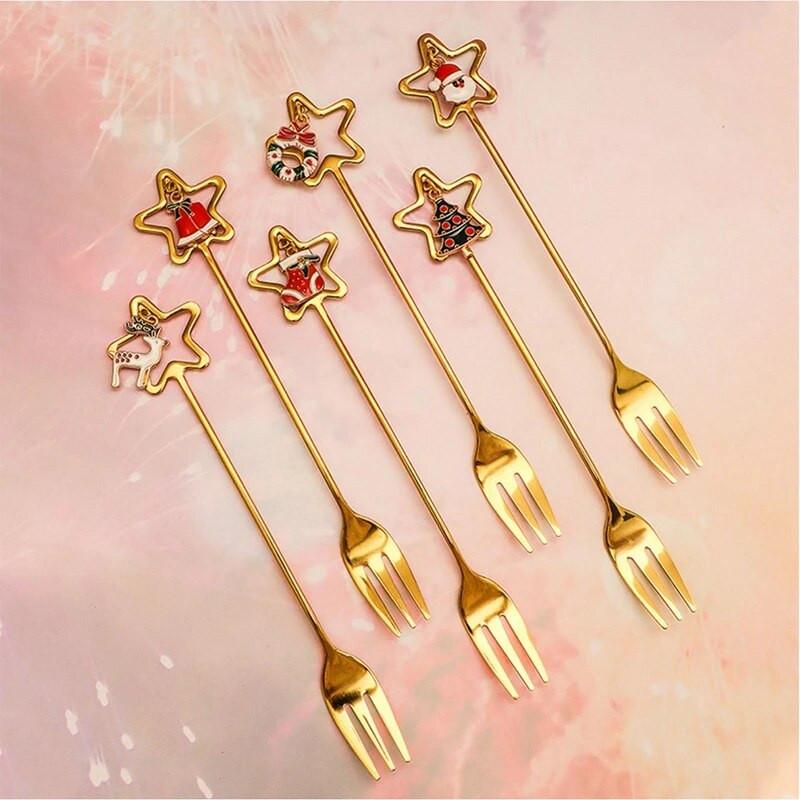 6gab/komplekts Ziemassvētku karotes Ziemassvētku nerūsējošā tērauda pārnēsājams ceļojumu galda trauks Ziemassvētku eglīte Ziemassvētku vecīša zupa maisīšanas deserta karotes