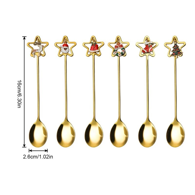 6gab/komplekts Ziemassvētku karotes Ziemassvētku nerūsējošā tērauda pārnēsājams ceļojumu galda trauks Ziemassvētku eglīte Ziemassvētku vecīša zupa maisīšanas deserta karotes