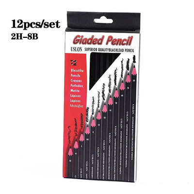 12 vnt / LOT Piešimo pieštukų rinkinys 2H-8B Grafito pieštukai mokyklai Metalinėje dėžutėje supakuoti Kanceliarinės prekės Meno reikmenys mokyklinės prekės