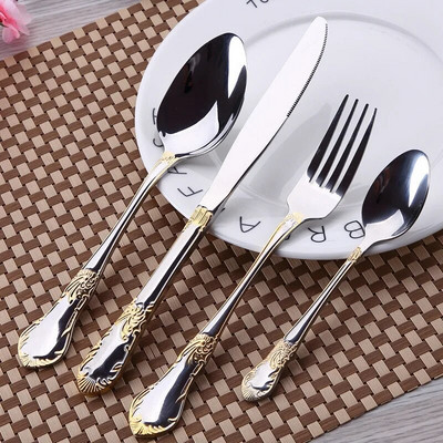 Nerūdijančio plieno indų rinkiniai Aukštos kokybės peilių šakutės ir šaukštai Stalo įrankių rinkiniai Paauksuoti gėlių raštai stalo reikmenys Dropship