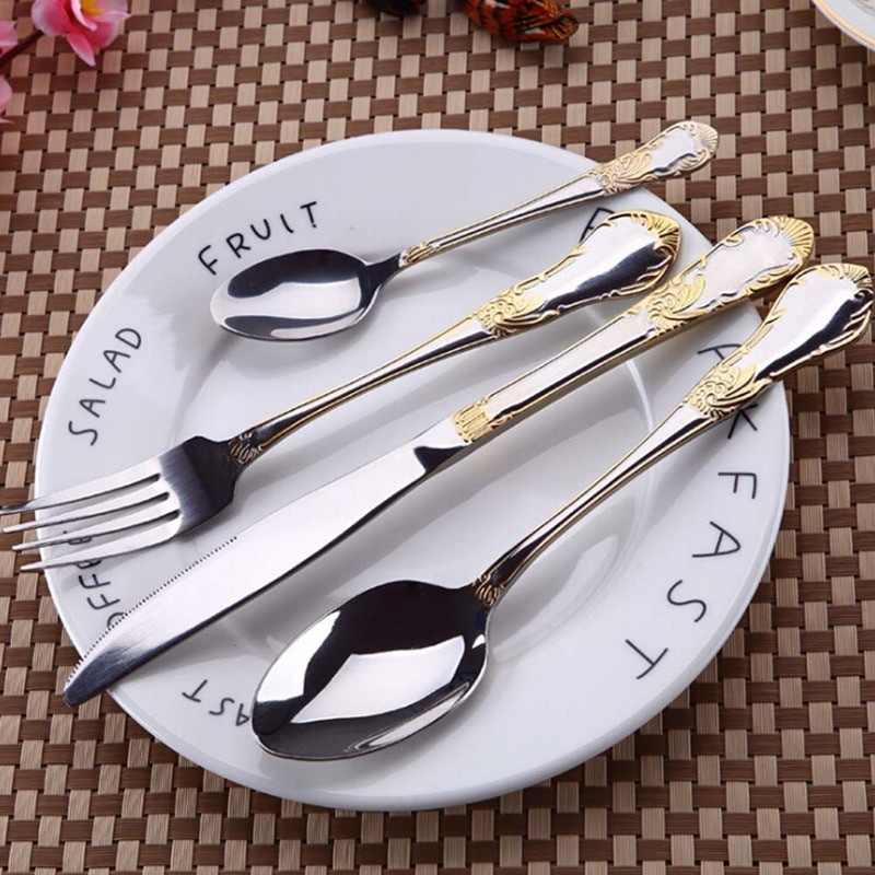 Nerūdijančio plieno indų rinkiniai Aukštos kokybės peilių šakutės ir šaukštai Stalo įrankių rinkiniai Paauksuoti gėlių raštai stalo reikmenys Dropship