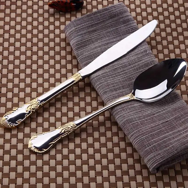 Nerūdijančio plieno indų rinkiniai Aukštos kokybės peilių šakutės ir šaukštai Stalo įrankių rinkiniai Paauksuoti gėlių raštai stalo reikmenys Dropship