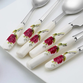Керамична дръжка Комплект прибори за хранене Комплект прибори за хранене от неръждаема стомана Нож за пържола Вилица Кафена лъжица Десерт Сервиз за хранене Розови цветя Шарка