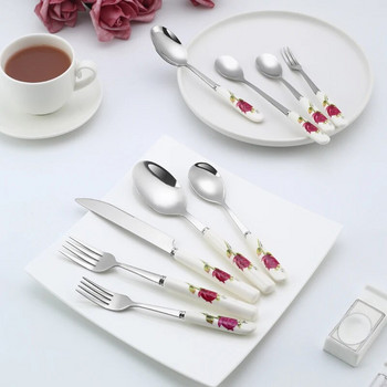 Керамична дръжка Комплект прибори за хранене Комплект прибори за хранене от неръждаема стомана Нож за пържола Вилица Кафена лъжица Десерт Сервиз за хранене Розови цветя Шарка