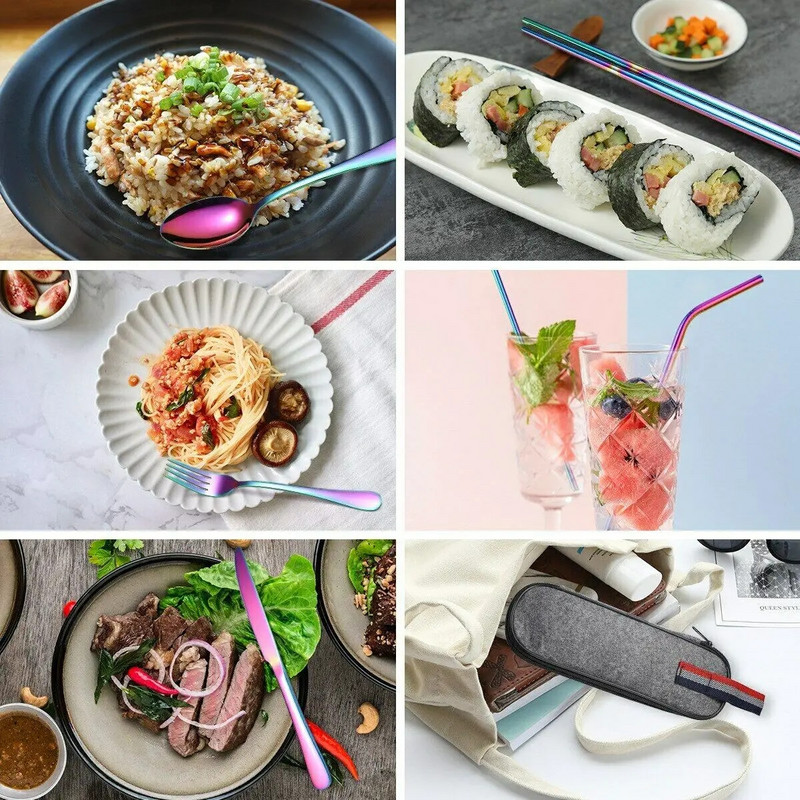 9vnt/rinkinys Stalo indai Camp stalo įrankių rinkinys Daugkartinio naudojimo kelioninių indų rinkinys su nerūdijančio plieno šaukštu šakute lazdelėmis šiaudų nešiojamas dėklas