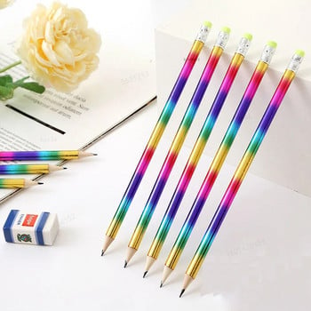 12PCS Kawaii Rainbow Wooden Pencil with eraser подарък острилка за моливи Детски HB моливи Sketch Drawing Училищни канцеларски материали