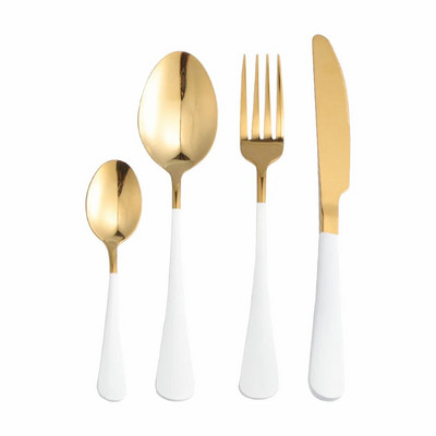 4Gb Baltā zelta nerūsējošā tērauda galda piederumu komplekts pusdienu trauku komplekts vakariņu galda piederumu komplekts ceļojumu dakšiņas naži karotes komplekts sudraba trauki